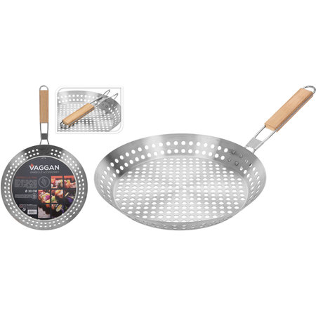 BBQ GRILL PAN M/HOUTEN HV D30CM ROESTVRIJ STAAL